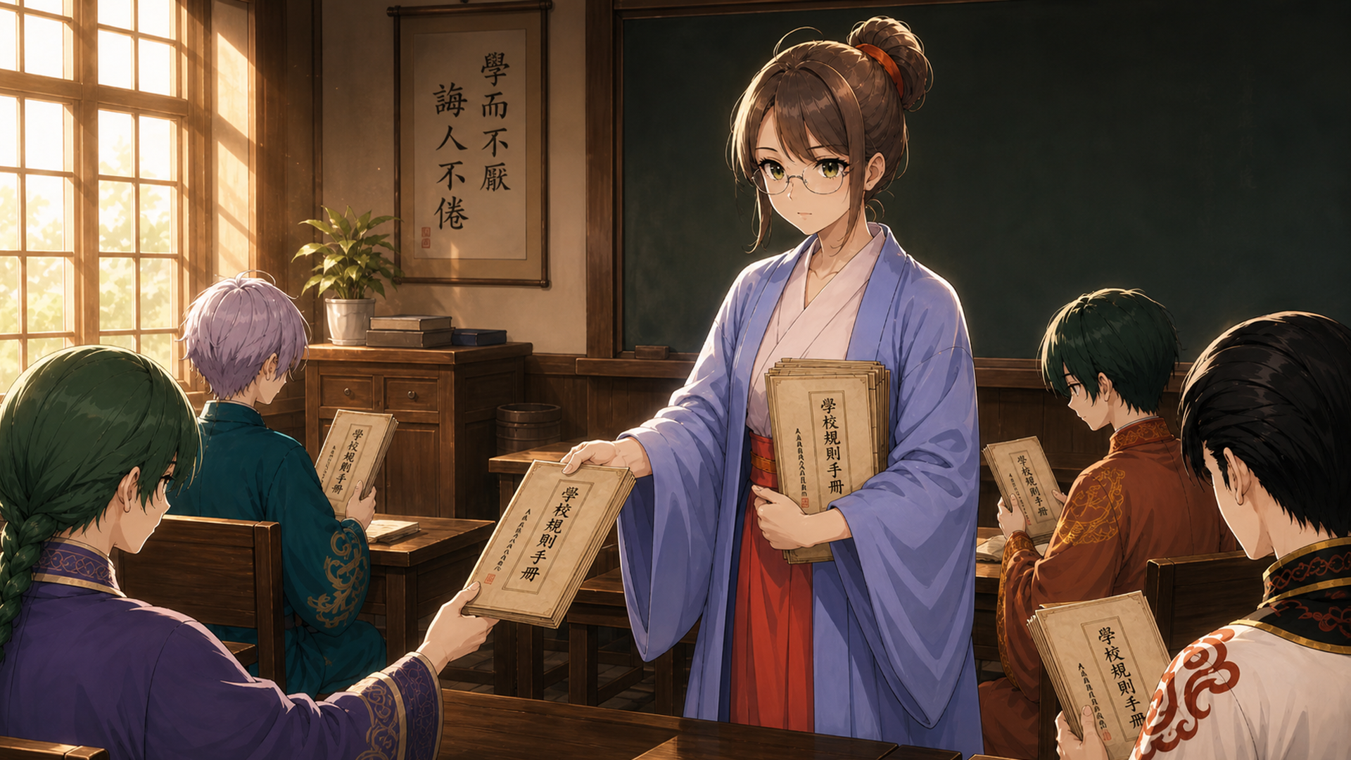学堂で生徒たちと向き合う河原操子