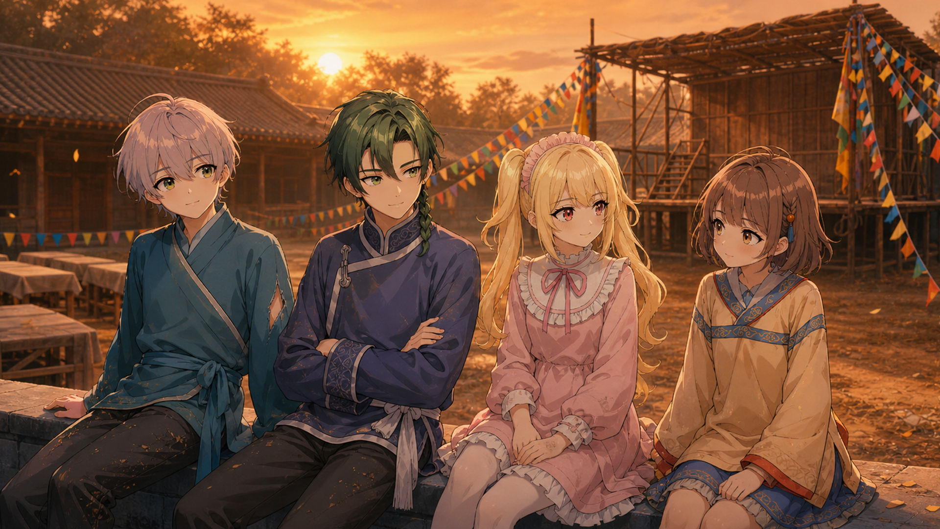 夕暮れの学堂で語り合う仲間たち