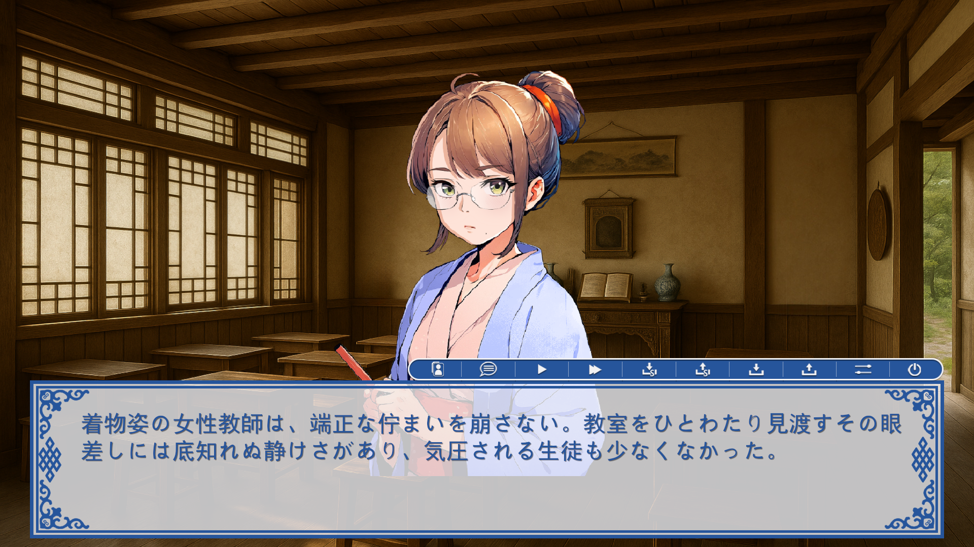 教室に立つ河原操子と日本語の物語テキスト